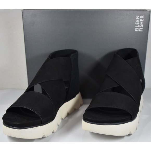 EILEEN FISHER NIB CHANT BLACK LEATHER PLATFORM WEDGE SANDAL. SIZE 9M - Picture 5 of 14